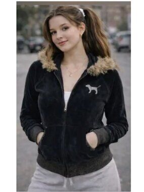 Vintage Y2K PINK Victorias Secret Black Faux Fur Hoodie Jacket Heart Love Medium